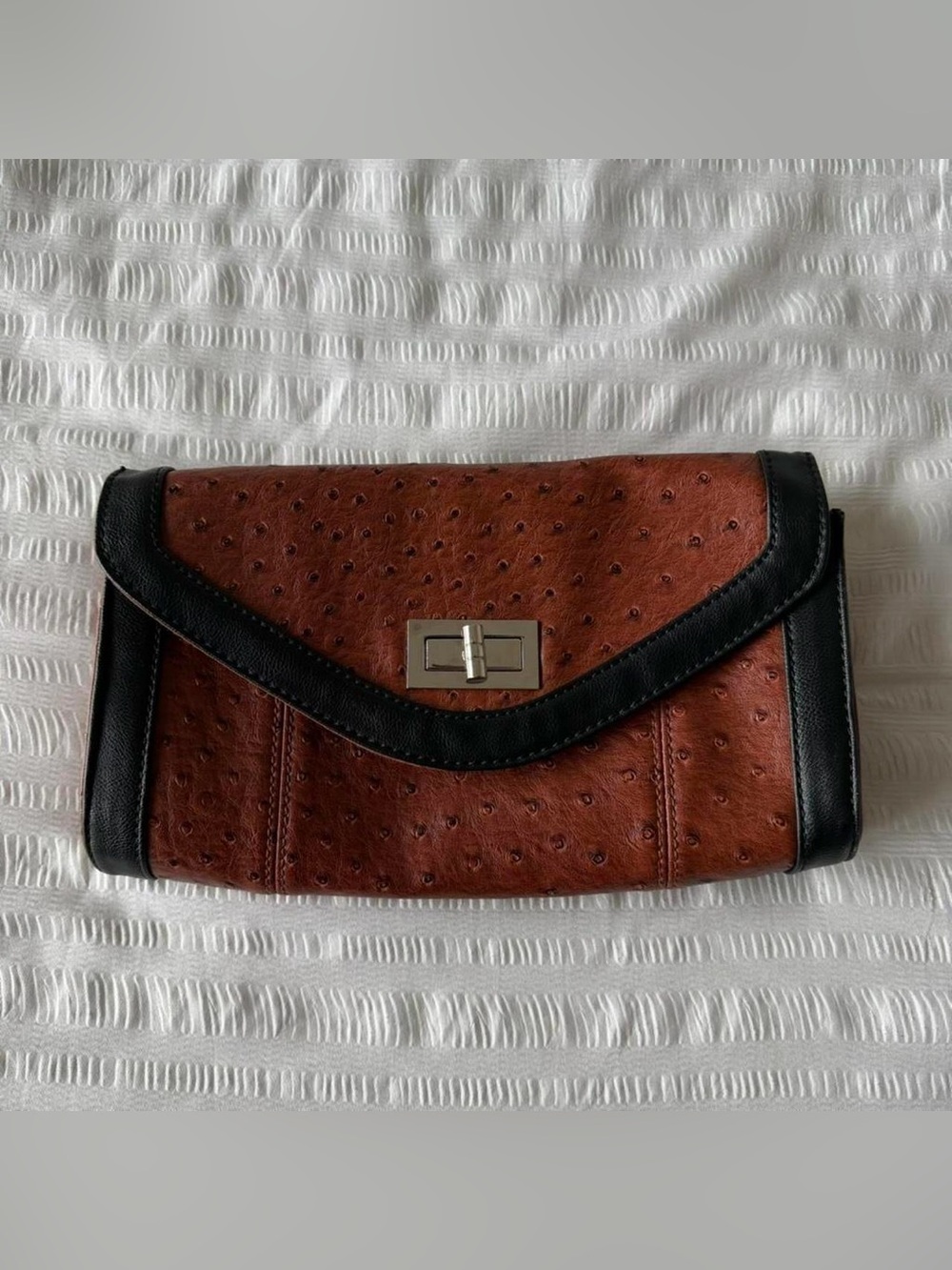 Brown and Black Faux Ostrich Clutch Bag - Sleek Evening Accessory